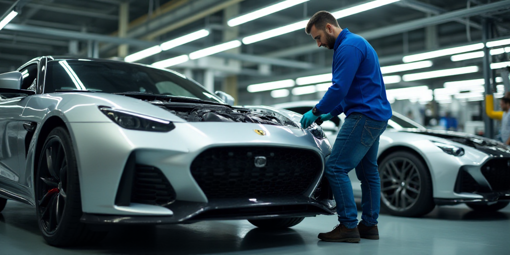 a man working on a car in a factory with other cars in the background and a man in a blue shirt and