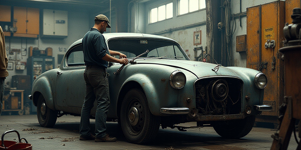 a man working on a car in a garage with a wrench and a wrench in his hand, Dahlov Ipcar, ex machina,