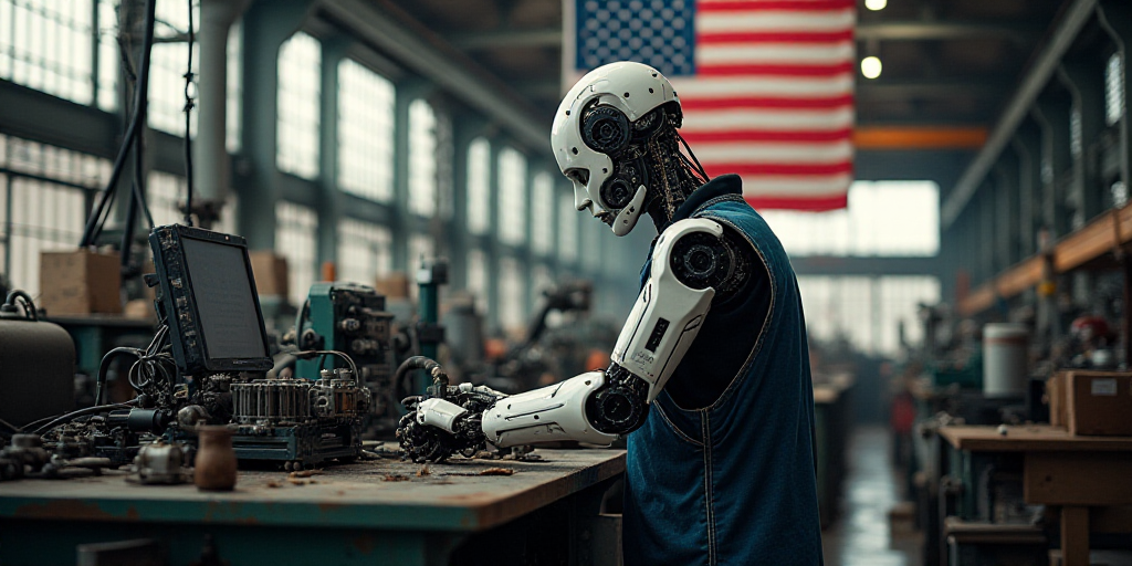a man working on a machine in a factory with american flag in the background and a flag hanging from