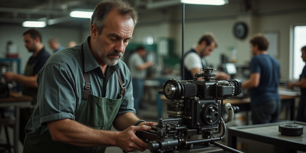 a man working on a machine in a factory with other workers nearby and a machine in the background wi
