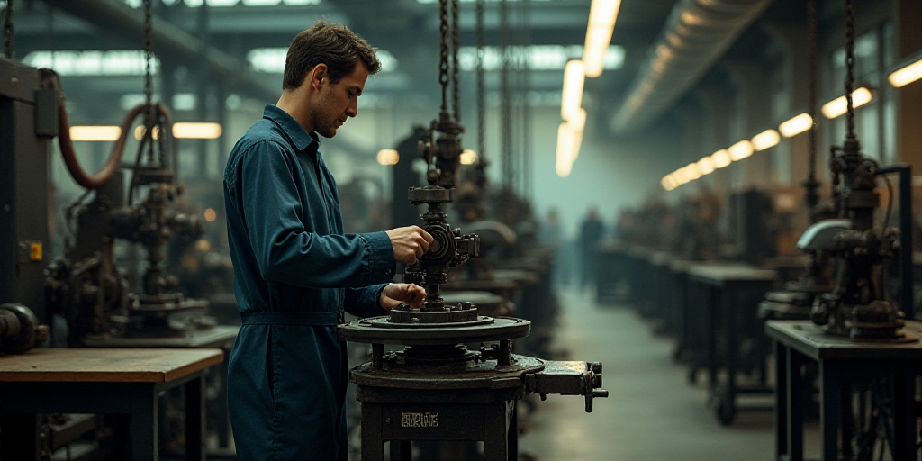 a man working on a machine in a factory with other machines in the background and a man standing in