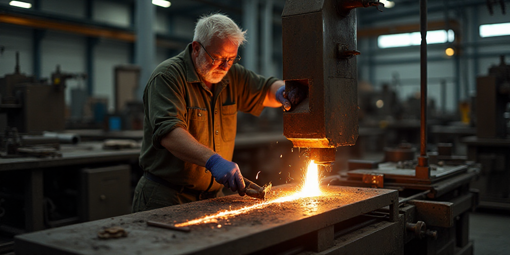 a man working on a metal object in a factory with a bright light coming from the machine behind him,