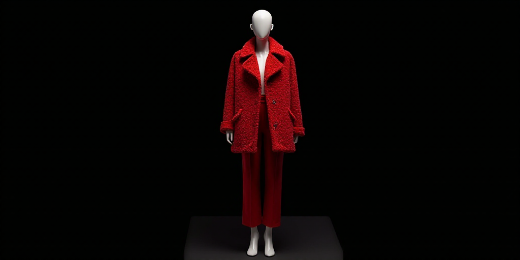 a mannequin dressed in a red leopard print coat and matching pants stands in front of a black backgr