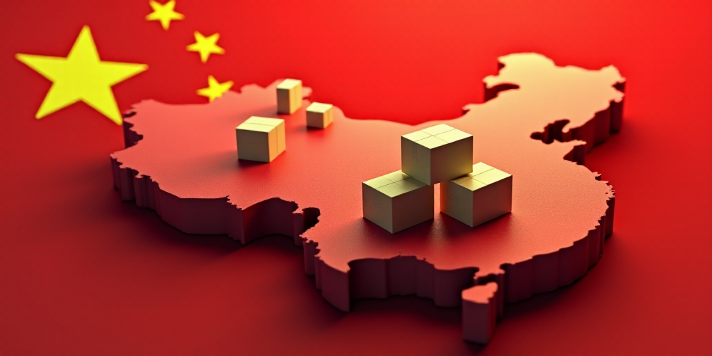 a map of china with boxes on top of it and a flag of china in the background with a red background,