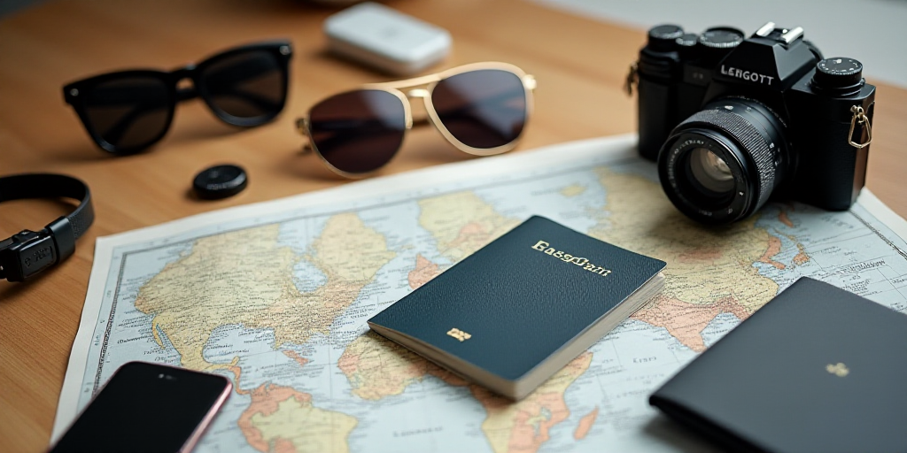 a map, passport, sunglasses, camera, and other items are on a table with a map and a camera, Christi