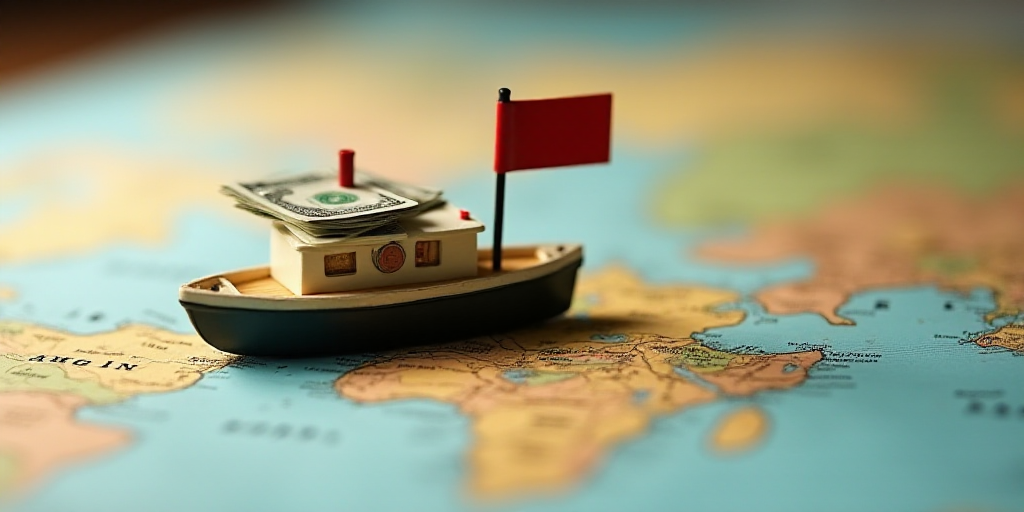 a map with a flag and a miniature boat on top of it with a lot of money sticking out of it, Aquirax