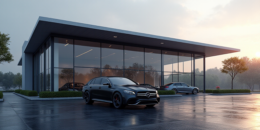a mercedes benz dealership with a mercedes benz suv parked in front of it and a mercedes benz suv pa