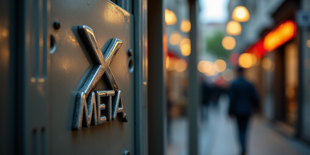 a metal sign that says x meta on it's glass door with people walking by in the background, Évariste
