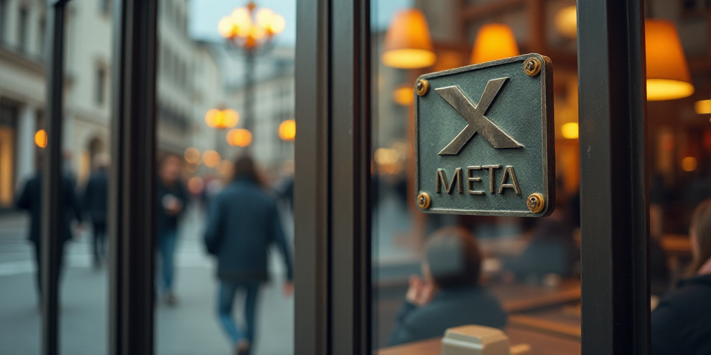 a metal sign that says x meta on it's glass door with people walking by in the background, Évariste