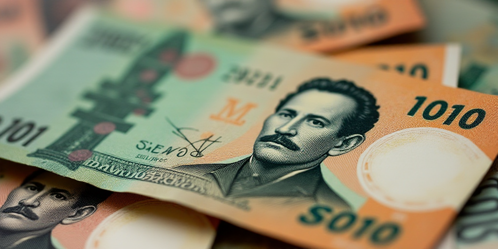 a mexican currency with a portrait of a man on it and a pile of bills in the background with a few b