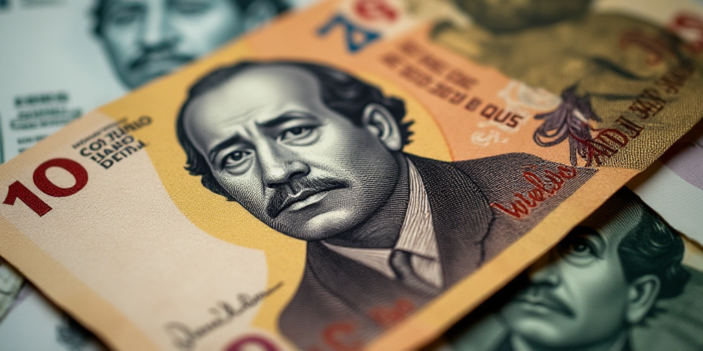a mexican currency with a portrait of a man on it and a pile of bills in the background with a few b