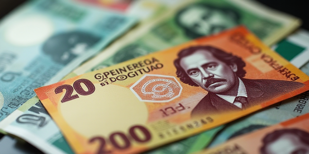 a mexican currency with a portrait of a man on it and a pile of bills in the background with a few b