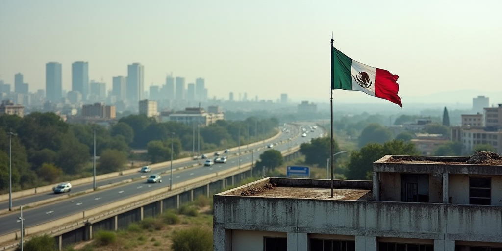 a mexican flag flying on a roof of a building in a city with a freeway and a fenced in area, Aquirax