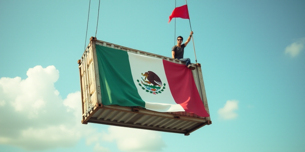 a mexican flag hanging from a container in the air with a flag on it's side and a flag on top of the