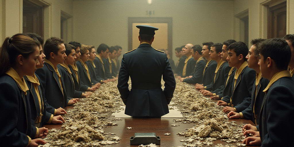 a military man in uniform standing in front of a large amount of items on a table with people standi
