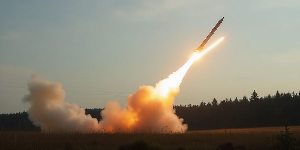 a military missile is launching into the air with smoke coming out of it's back end and a forest in