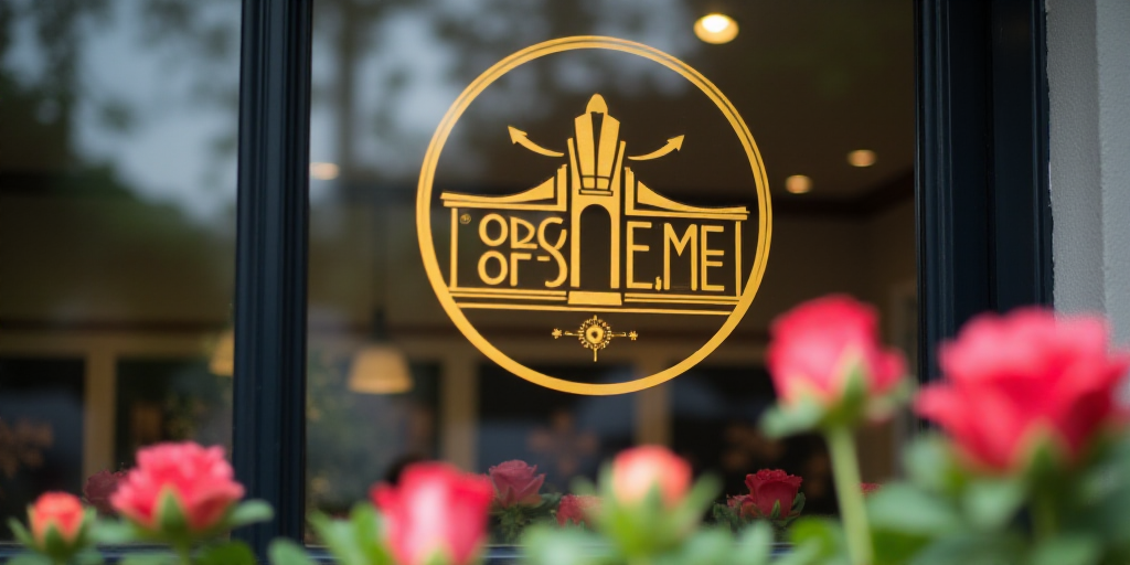a modern sign is seen through the window of a building with flowers in the foreground and a blurred