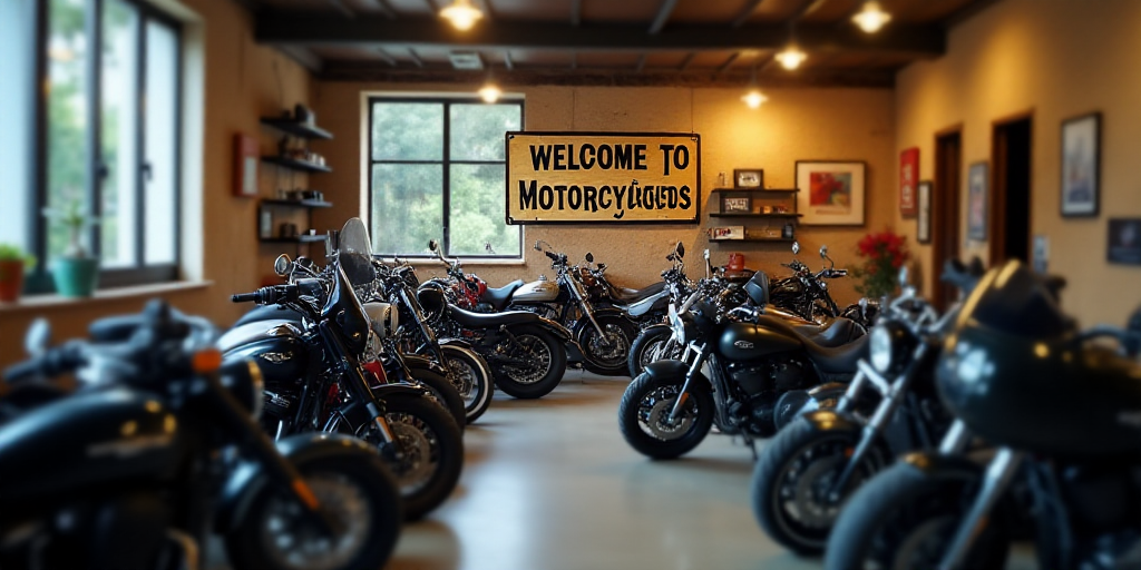 a motorcycle shop with motorcycles parked in rows and a sign that says welcome to motorcycles on the