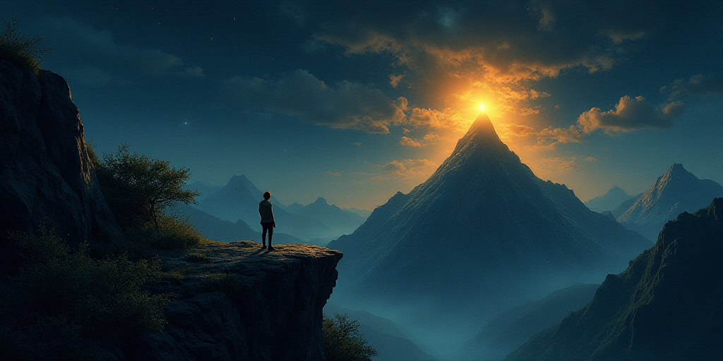 a mountain with a light at the top of it at night time with a person standing on a ledge, Cui Bai, d