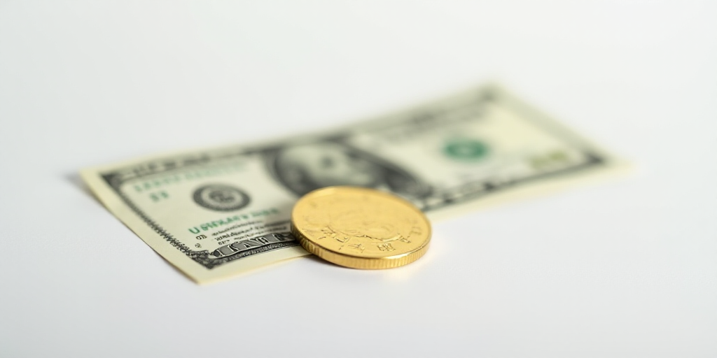 a one dollar bill and a gold coin on a white surface with a white background and a white background,