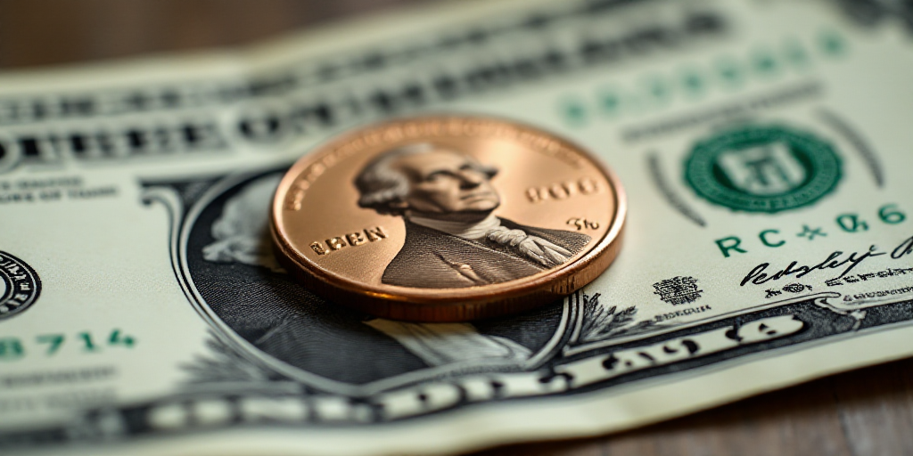 a one dollar bill with a penny on top of it, with a picture of george washington on it, Charles Frem