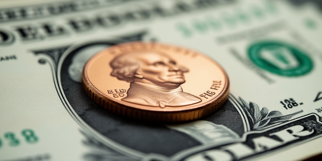 a one dollar bill with a penny on top of it, with a picture of george washington on it, Charles Frem