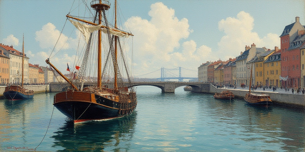 a painting of a boat in a harbor with a bridge in the background and a building in the background, A
