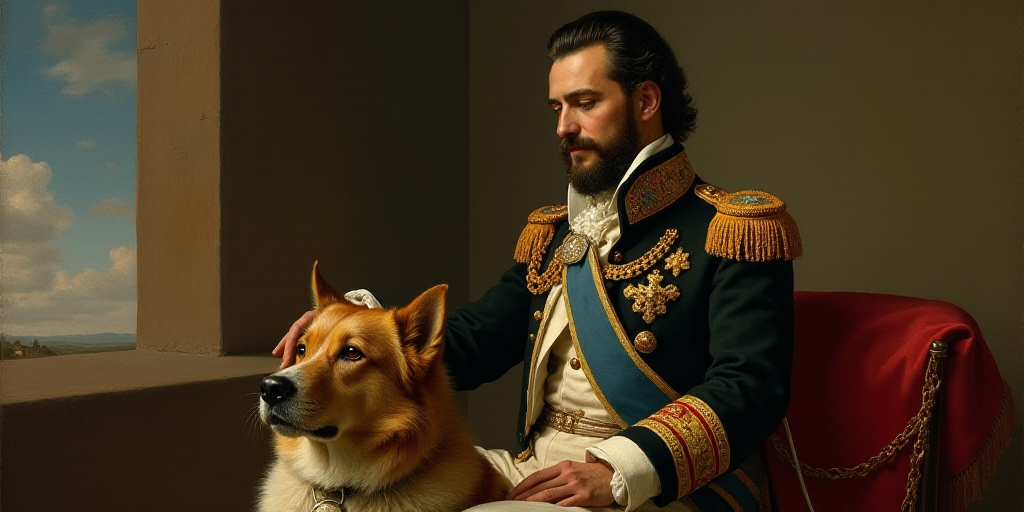 a painting of a man in a uniform with a sword in his hand and a dog in his lap, Alonso Vázquez, ign
