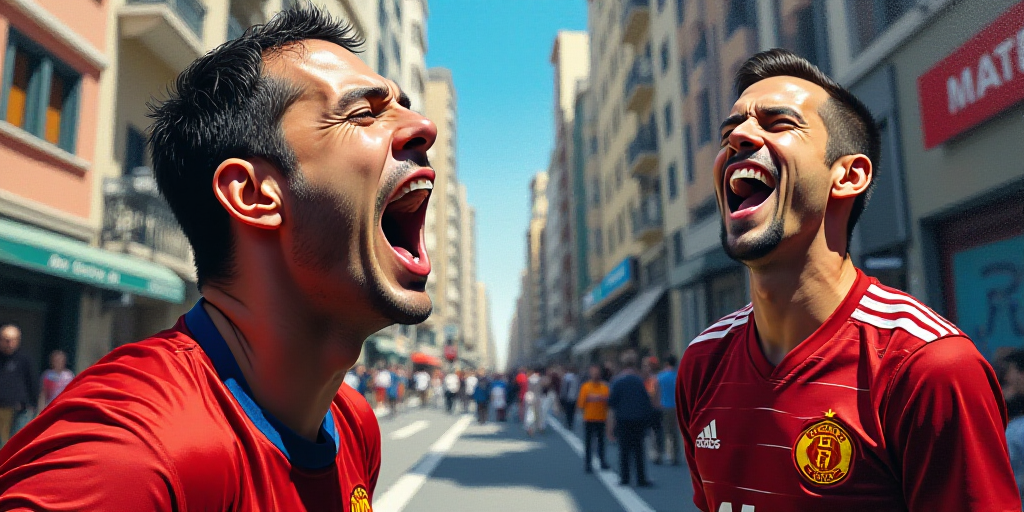 a painting of a man shouting in a city street and a painting of a man with a soccer jersey on, Emili