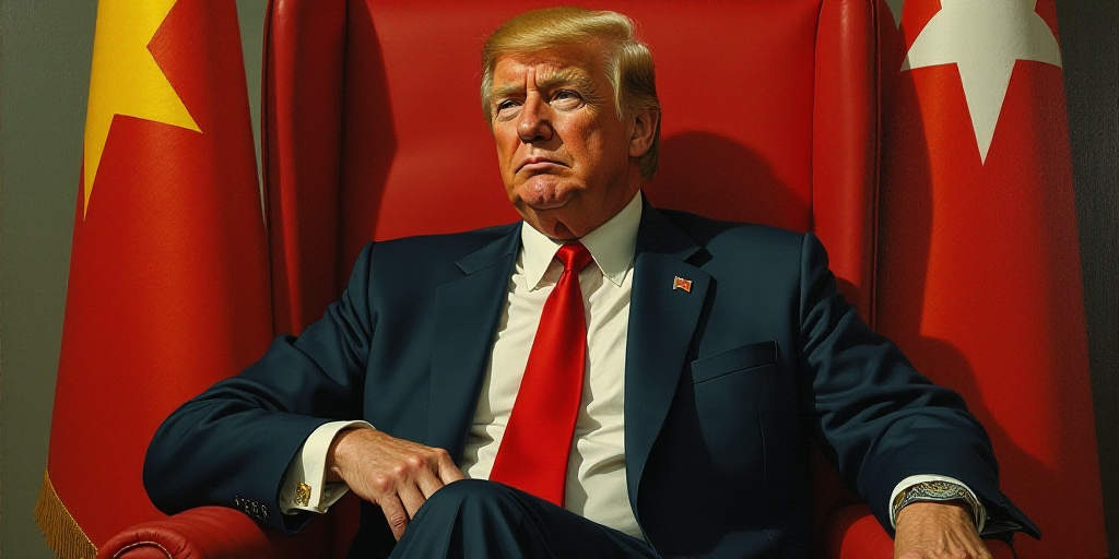 a painting of a man sitting in a chair with a flag behind him and a chair with a red tie, Don Maitz,