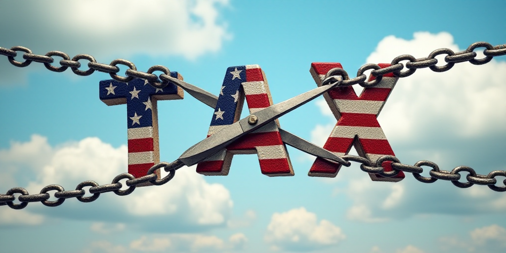 a pair of scissors cutting apart the letters tax and usa flag on a chain with a sky background and c