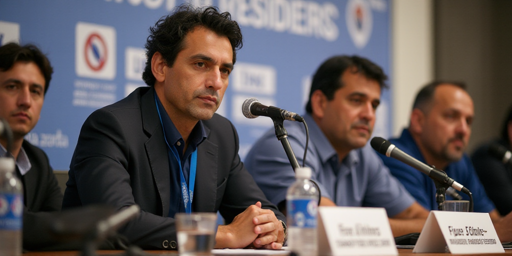 a panel of people sitting at a table with microphones in front of them and a banner behind them, Fed