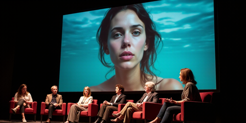 a panel of people sitting on a stage in front of a large screen with a woman's face, Evelyn Abelson,