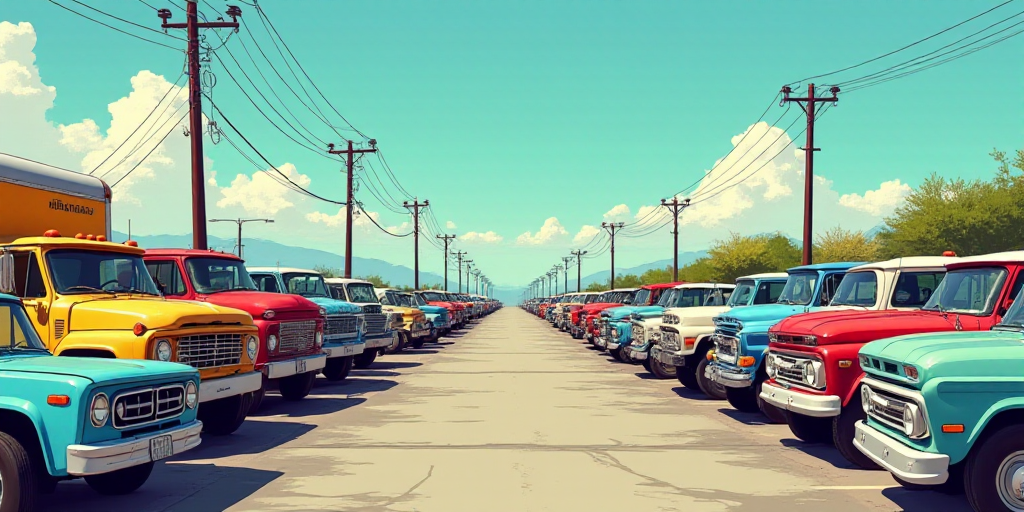 a parking lot filled with lots of parked cars and trucks next to each other on a sunny day with no p