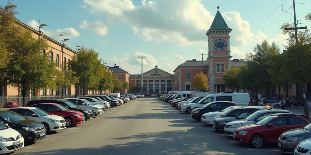 a parking lot filled with lots of cars next to a building with a clock on it's side, Afewerk Tekle,