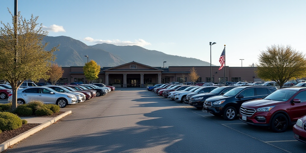 a parking lot full of cars parked in front of a building with a mountain in the background and a fla
