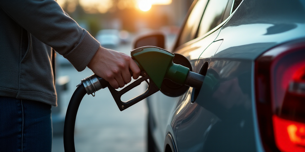 a person filling a car with gas at a gas station, with a gas pump in the foreground, Constant Permek