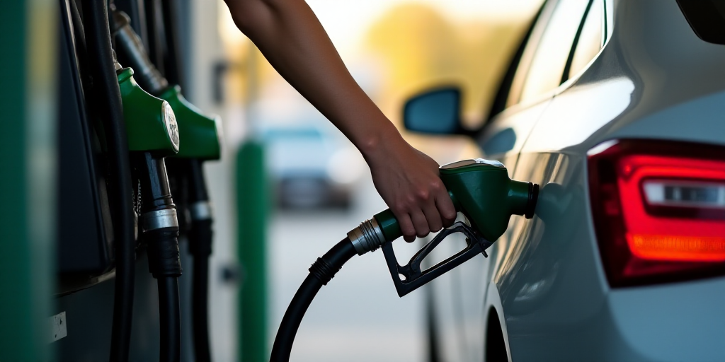 a person filling a car with gas at a gas station, with a gas pump in the foreground, Constant Permek