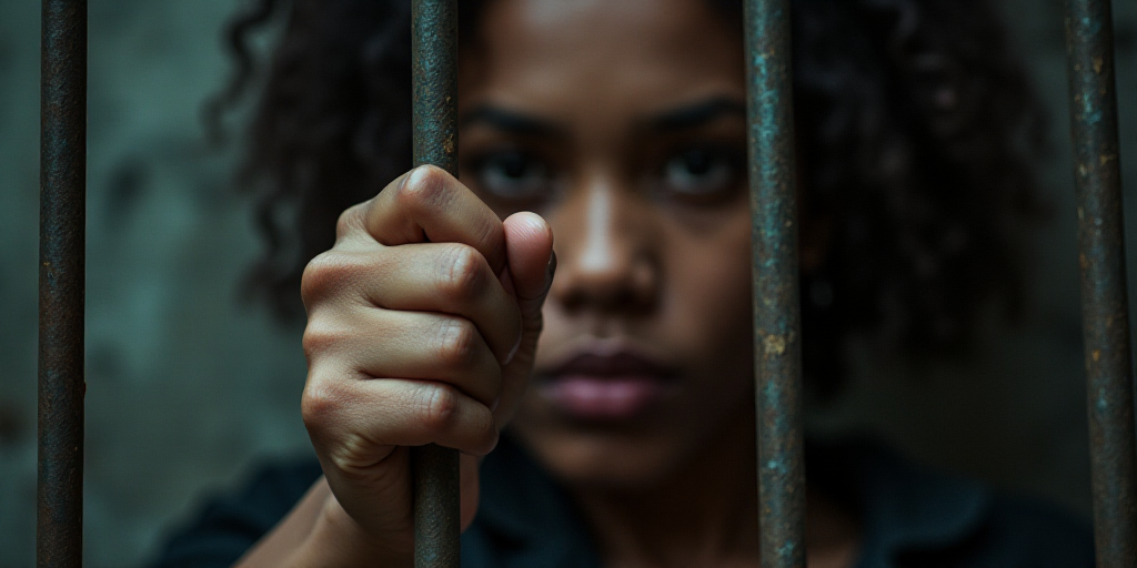 a person holding a bar of metal in their hand behind a fence with bars on it and a hand in the backg