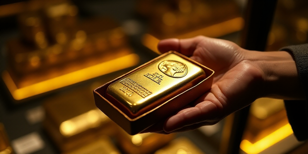 a person holding a box of gold bars in a store display case with other gold bars in the background,
