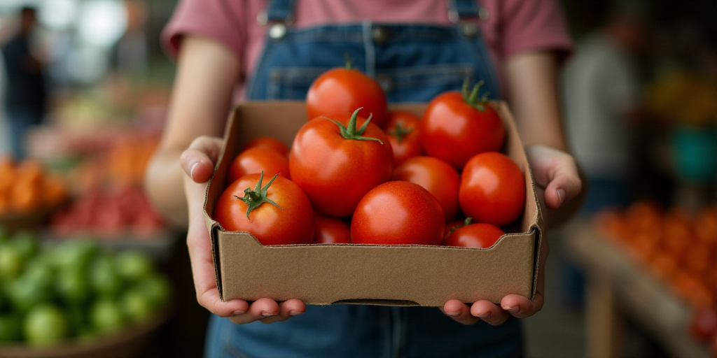 a person holding a box of tomatoes in their hands at a market stall with other produce in the backgr