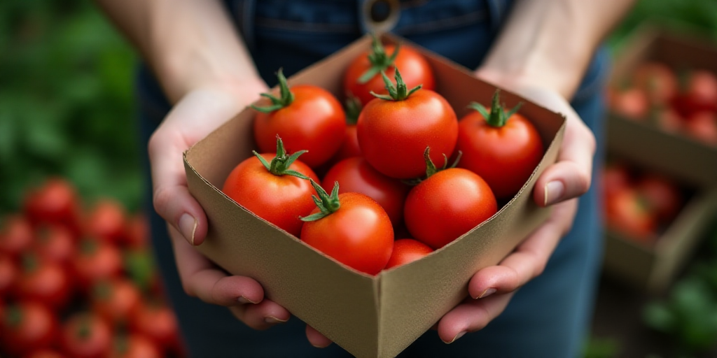 a person holding a box of tomatoes in their hands and a box of tomatoes in the background with tomat