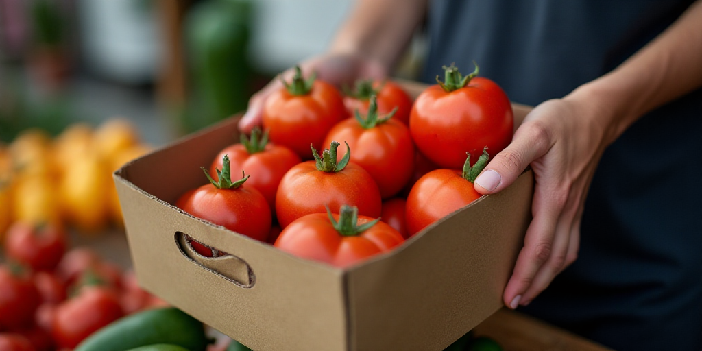 a person holding a box of tomatoes in their hands at a market stall with other produce in the backgr