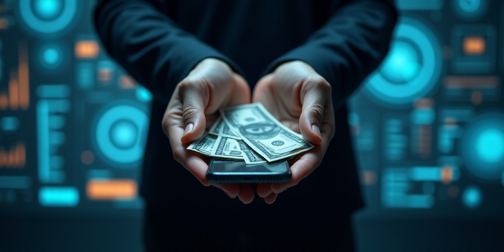 a person holding a bunch of money in their hands with a futuristic interface in the background of th