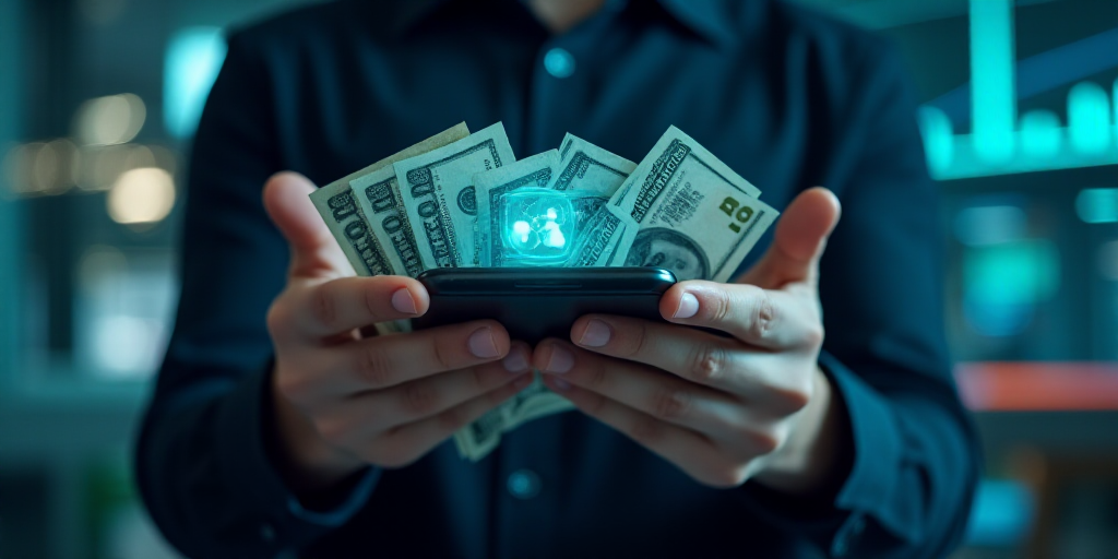 a person holding a bunch of money in their hands with a futuristic interface in the background of th