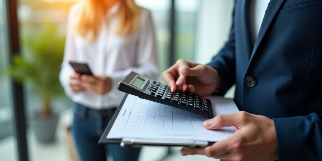 a person holding a calculator and a clipboard with a picture of a man and woman in the background, B