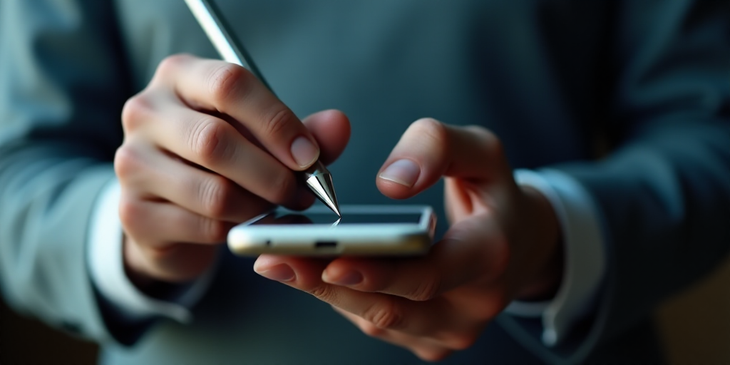 a person holding a cell phone in their hands and typing on the screen with a pen in their hand, Denn