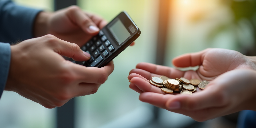 a person holding a cell phone and a calculator in their hand with a person holding a stack of coins,