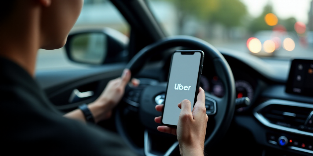 a person holding a cell phone in their hand while driving a car with the word uber on the screen, É