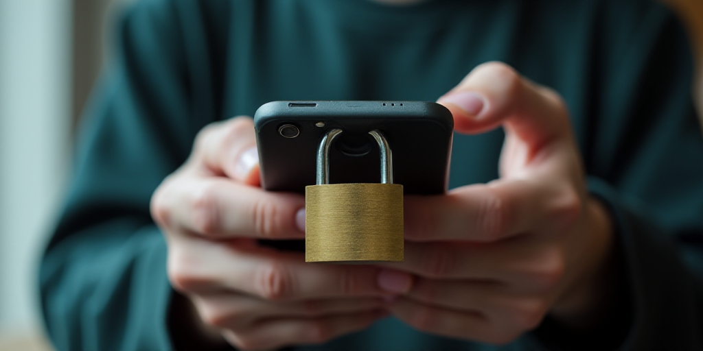 a person holding a cell phone with a padlock attached to it and a padlock attached to a padlock, And